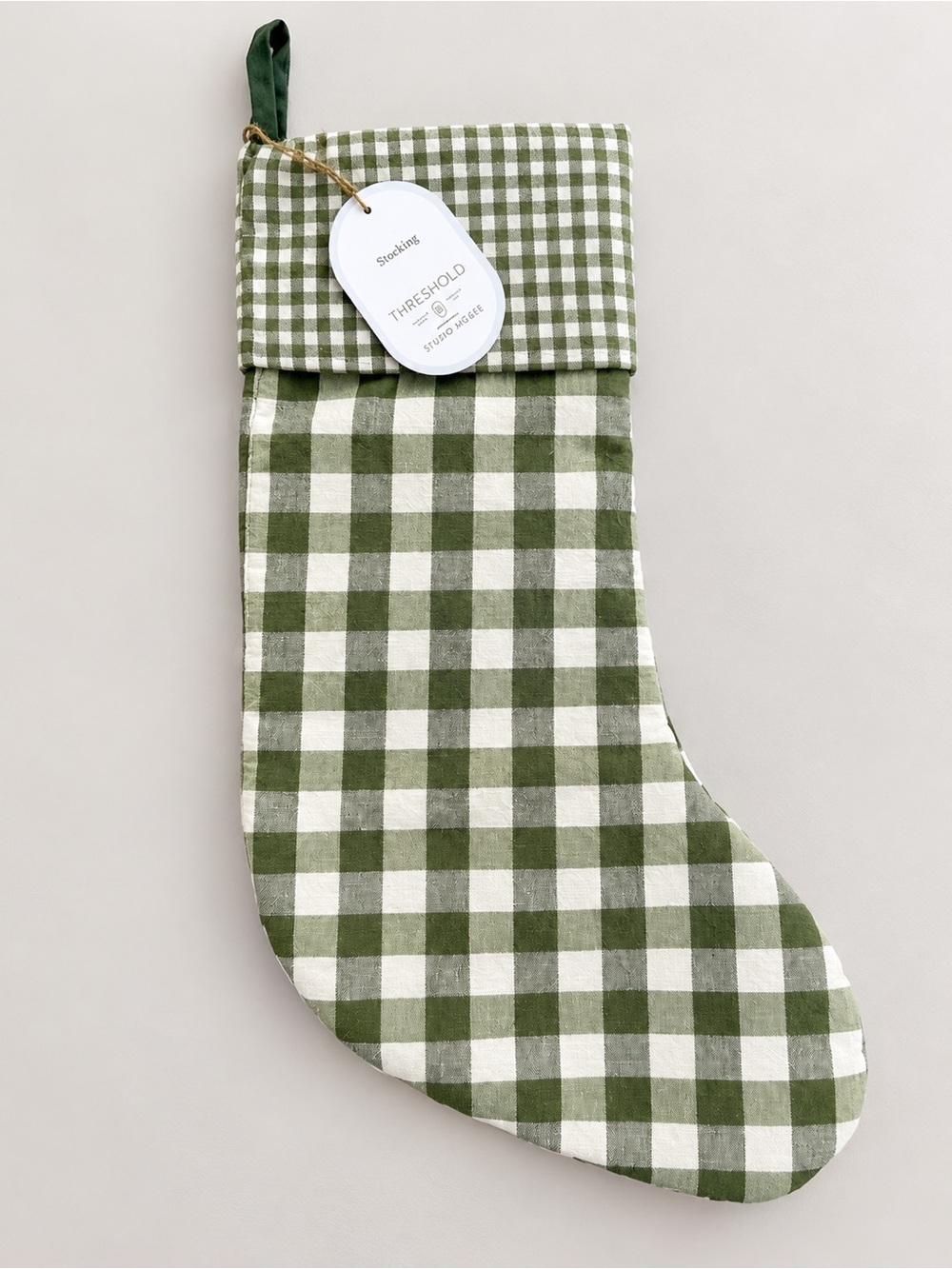 Studio McGee Plaid Woven Green Cream Buffalo Check Farmhouse Christmas Stocking